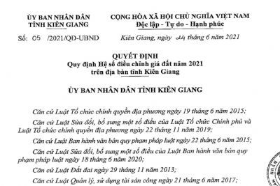 Hệ số điều chỉnh giá đất năm 2021 trên địa bàn tỉnh Kiên Giang