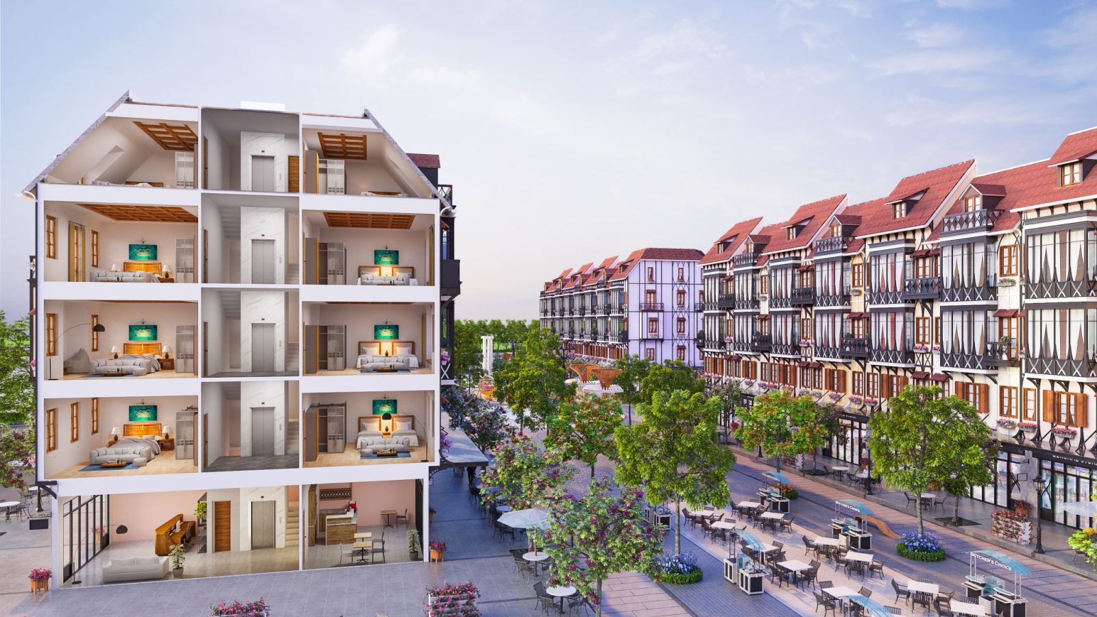 Mặt cắt maí bằng của căn Shophouse Milton Pathway Phú Quốc
