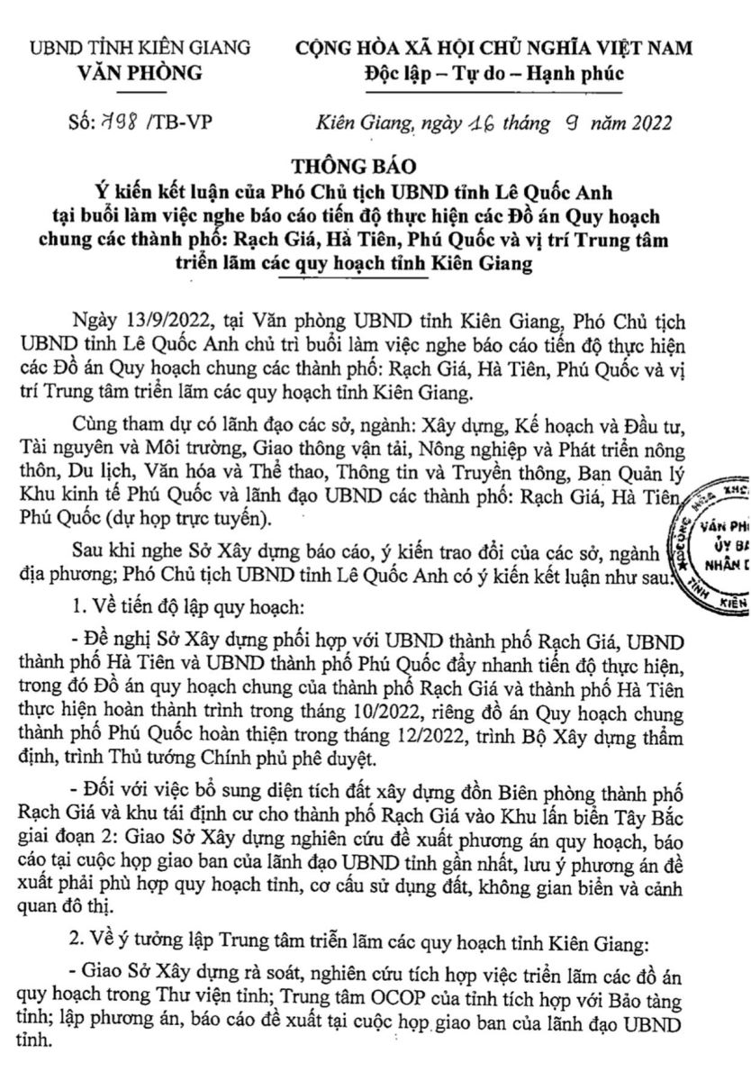 Chi tiết văn bản số 798/TB-VP Kiên Giang
