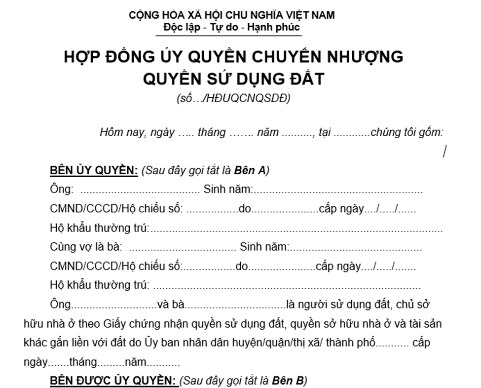 mẫu hợp đồng ủy quyền bán nhà đất 1